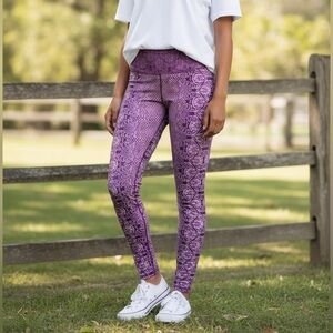 Prana Leggings Women M Mid Rise Workout Gym Yoga Cropped Damask Purple Pink